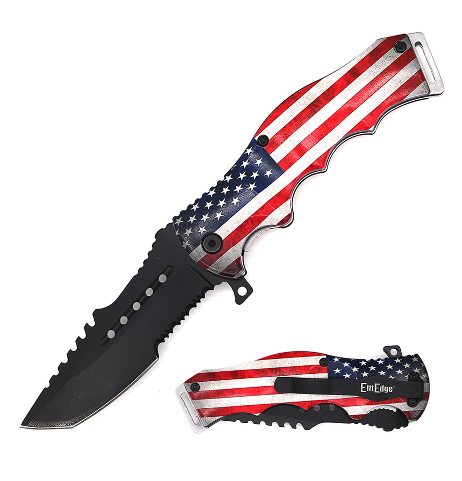''8.5'''' US Flag Tactical Spring Assisted Open Pocket KNIFE Black Cleaver Folding Blade''