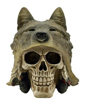 ''6.25'''' Wild Wolf Skin Indian Skull Polyresin FIGURINE Sculpture''