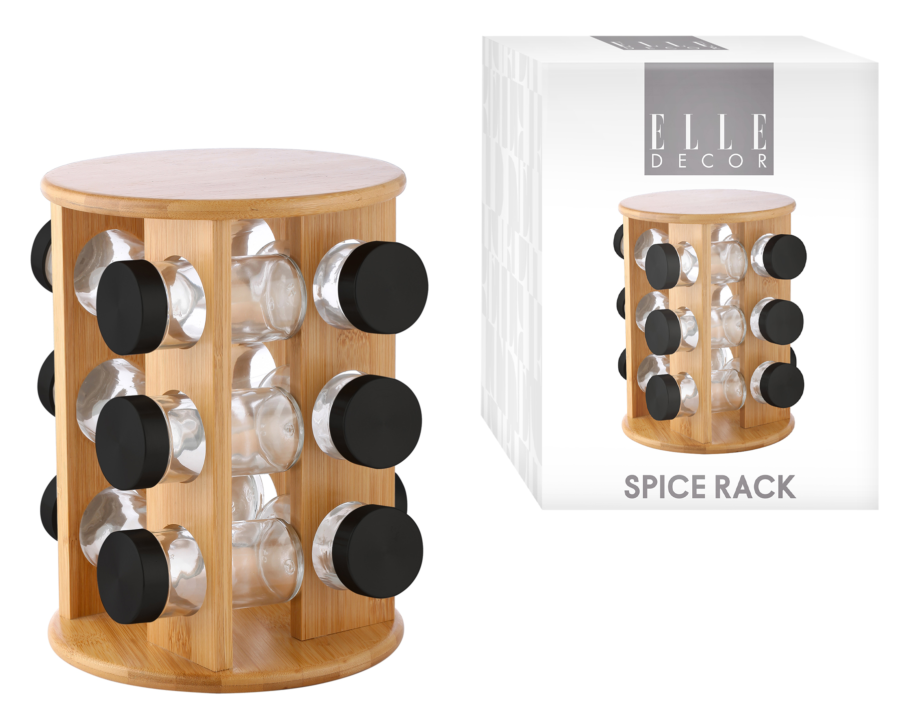 ELLE GOURMET Collection Bamboo Rotating Spice Rack w/ 12-Count Glass Jars