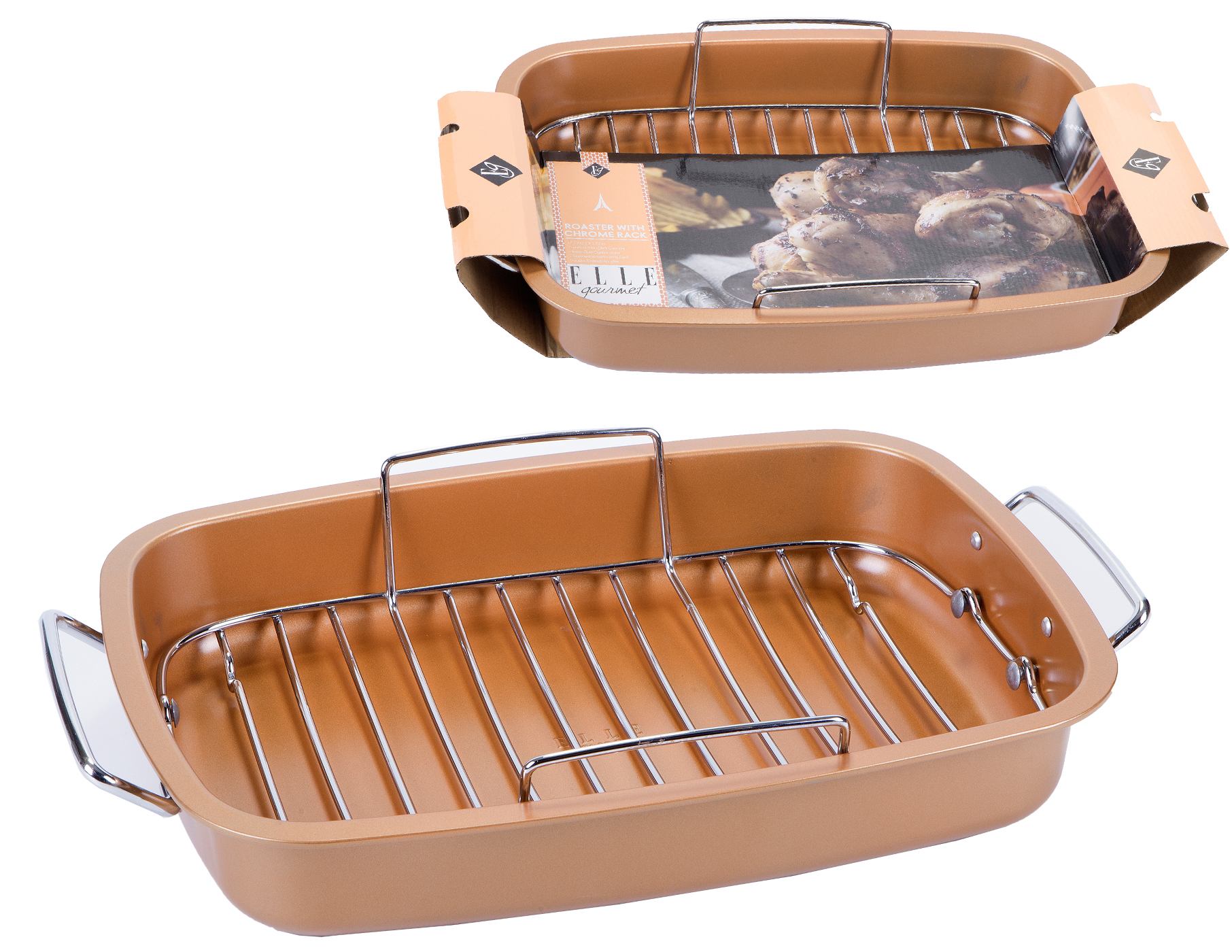 ELLE GOURMET Collection Non-Stick Roaster w/ Floating Chrome Rack - Copper