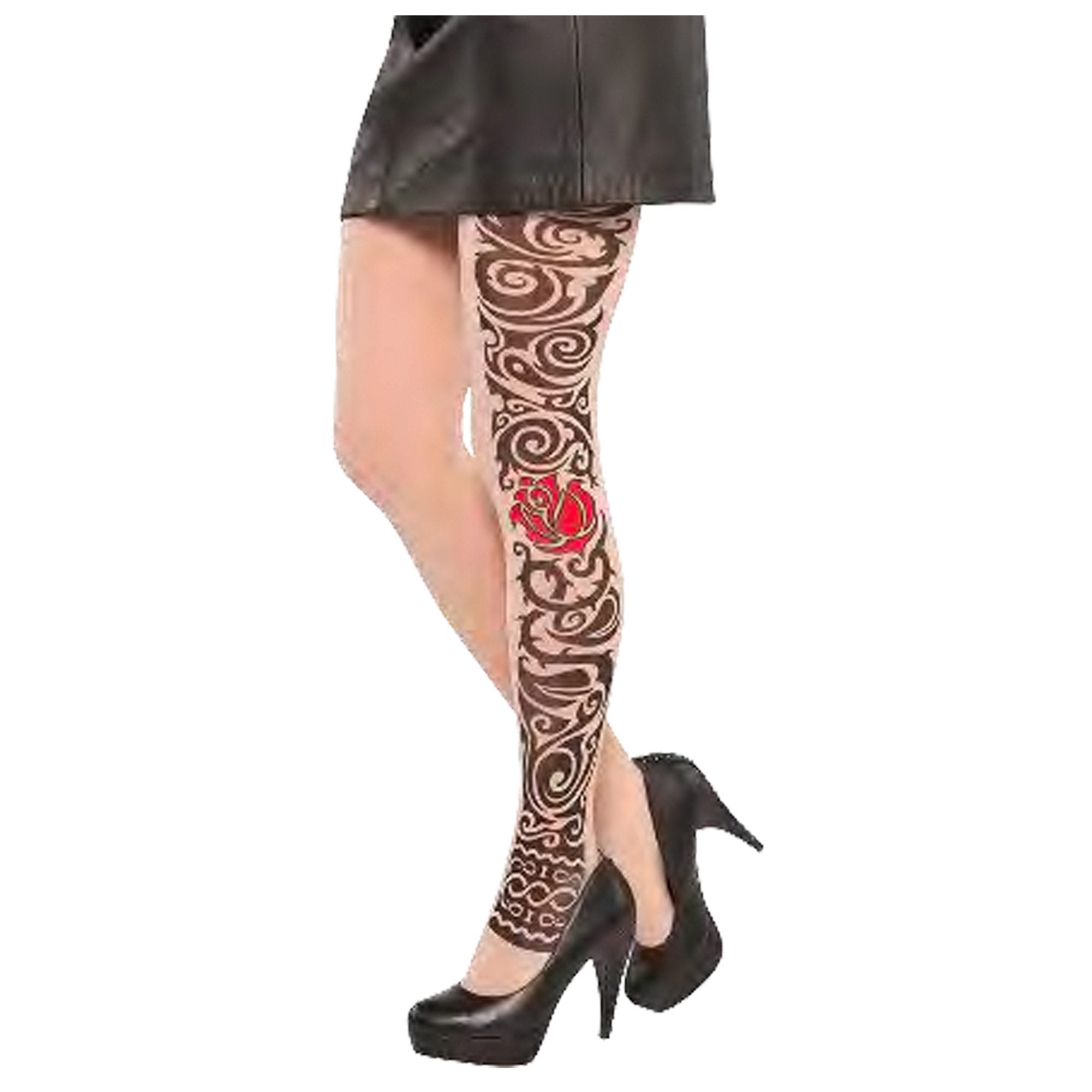 Side Leg Tribal TATTOO and Rose Print Pantyhose - Qty 12